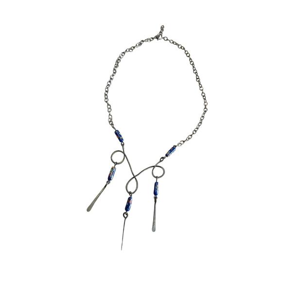 Artisan Handmade Sterling? Tribal Necklace Chandelier Dangle Blue Bead - Picture 2 of 9